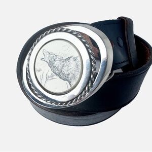 Vintage Silver Braided Howling Belt Buckle Black Leather 1.5” Belt Men’s Size 42